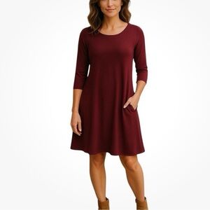 YELETE A-line Flowy Dress Pockets 3/4 Sleeves Burgundy Dark Red Boatneck 2XL
